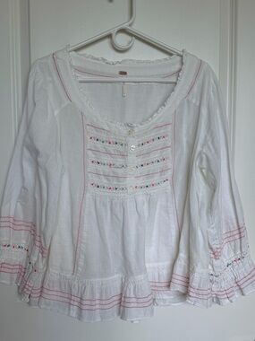 Free People White Embroidered & Beaded Peasant Blouse EC
